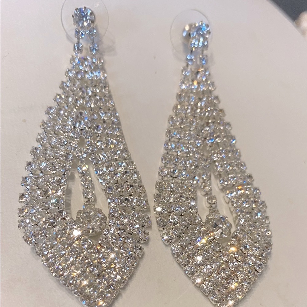 XTRA LARGE TEARDROP LOADED RHINESTON GLITZ EARRING PIERCED NEW